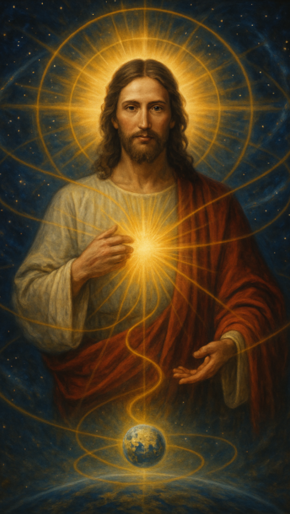 Jesús rodeado de luz dorada sobre el mundo
